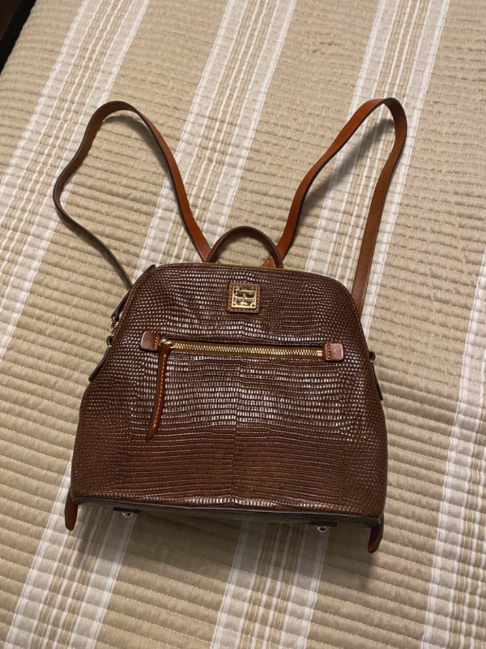 Dooney & Bourke Brown Lizard-Embossed Leather Backpack with Gold Hardware
